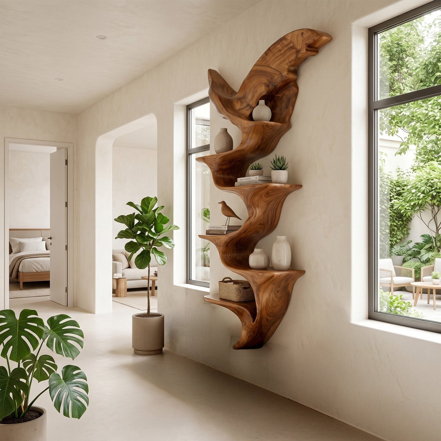 Wing Form Wood Wall Shelf With Sculptural Display