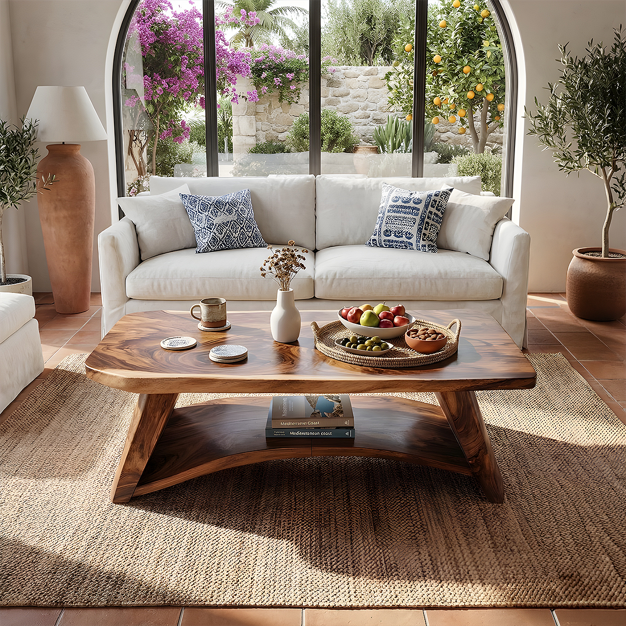 Solid Wood Coffee Table with Arched Base and Organic Edge Top