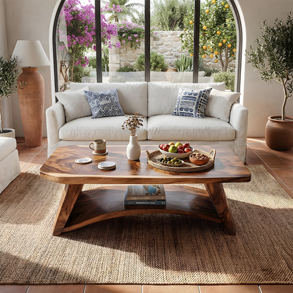Solid Wood Coffee Table with Arched Base and Organic Edge Top
