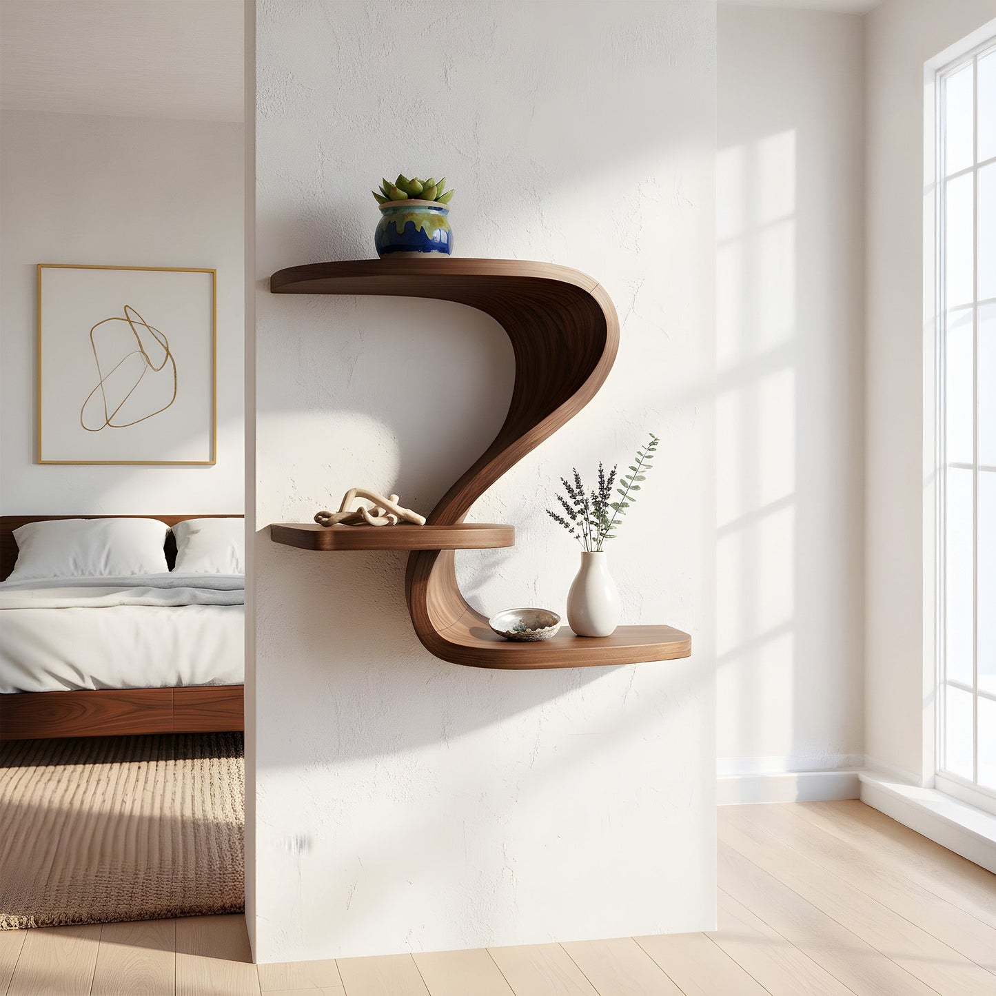 Curved S-Shaped Floating Wall Shelf with Tiered Display