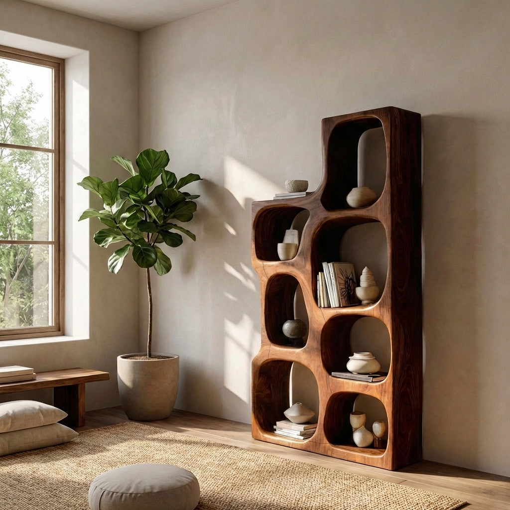 Organic Sculptural Wooden Bookshelf For Modern Living Room Kitchnce