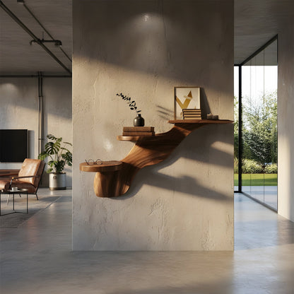 Multi-Level Sculptural Floating Wall Shelf in Natural Wood