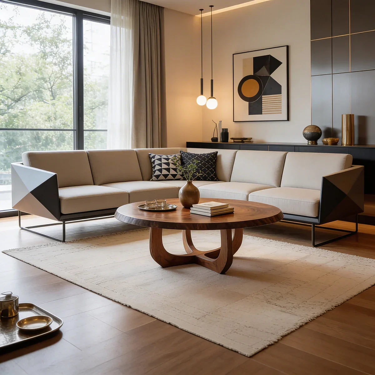 Round Natural Wood Coffee Table with Curved Open Sculptural Base