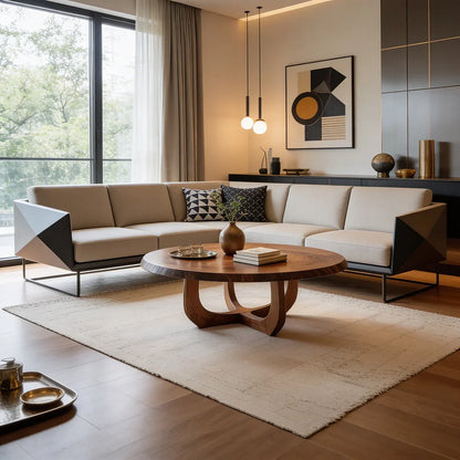 Round Natural Wood Coffee Table with Curved Open Sculptural Base