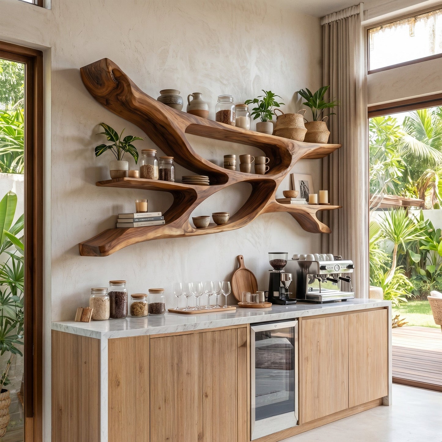 Sculptural Wood Bedroom Wall Shelf With Open Display