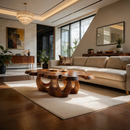 Sculptural Live Edge Natural Wood Coffee Table with Multi-Form Base
