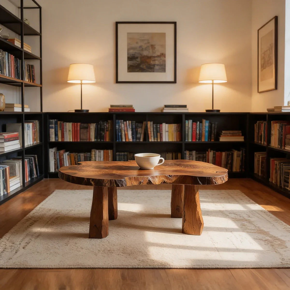 Live Edge Natural Wood Coffee Table with Solid Block Leg Base