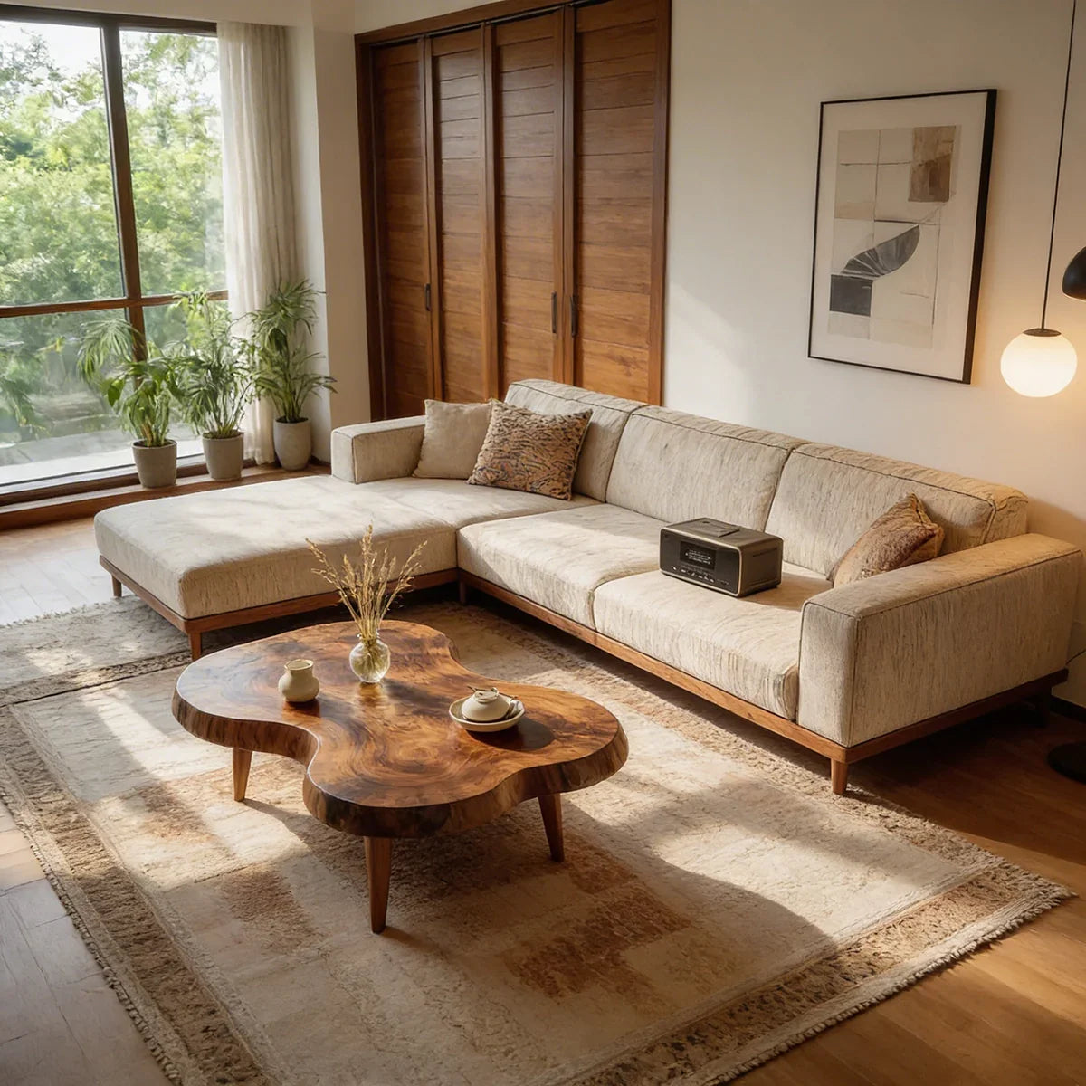 Organic Freeform Natural Wood Coffee Table with Rounded Edge Design