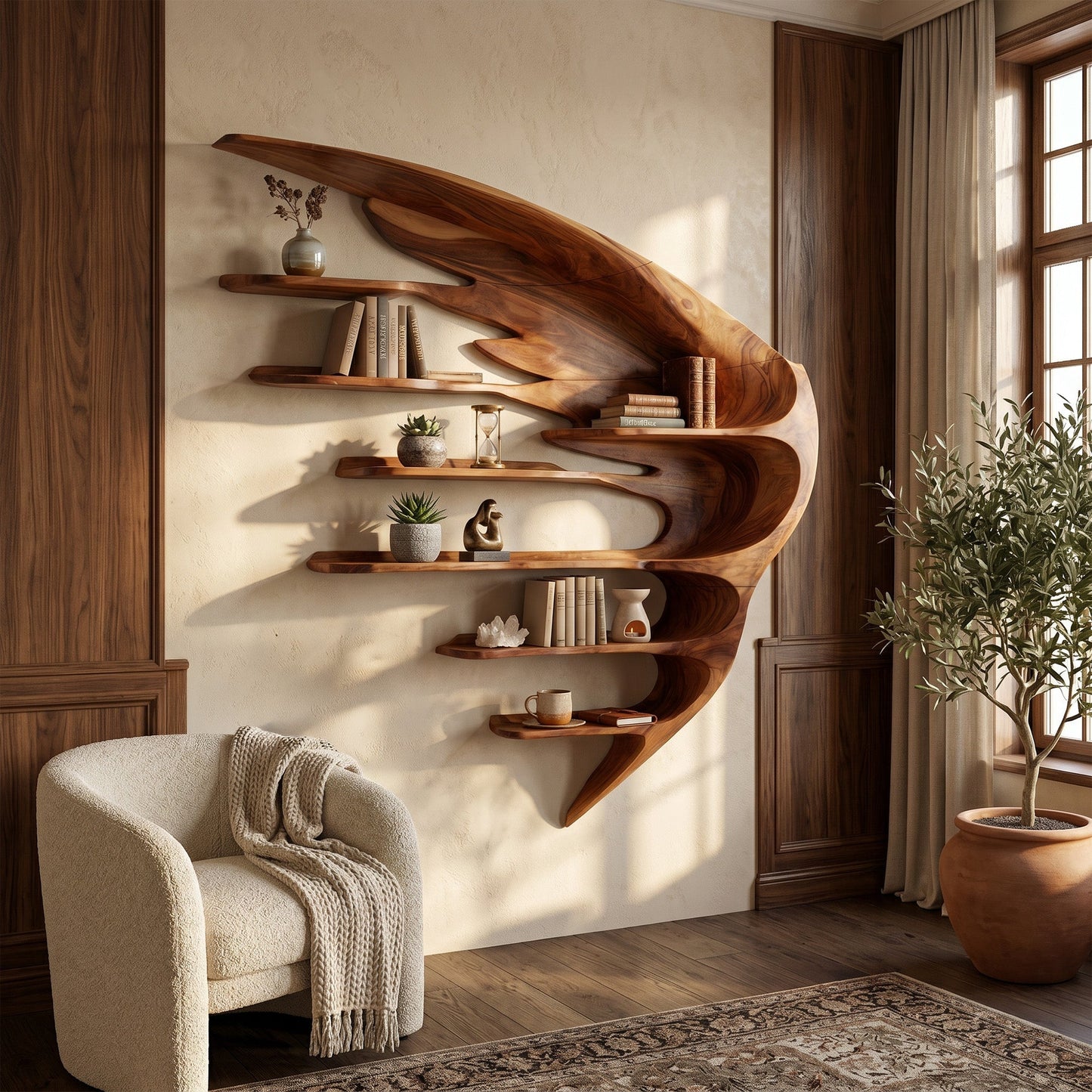 Wing Form Wood Wall Shelf With Open Display