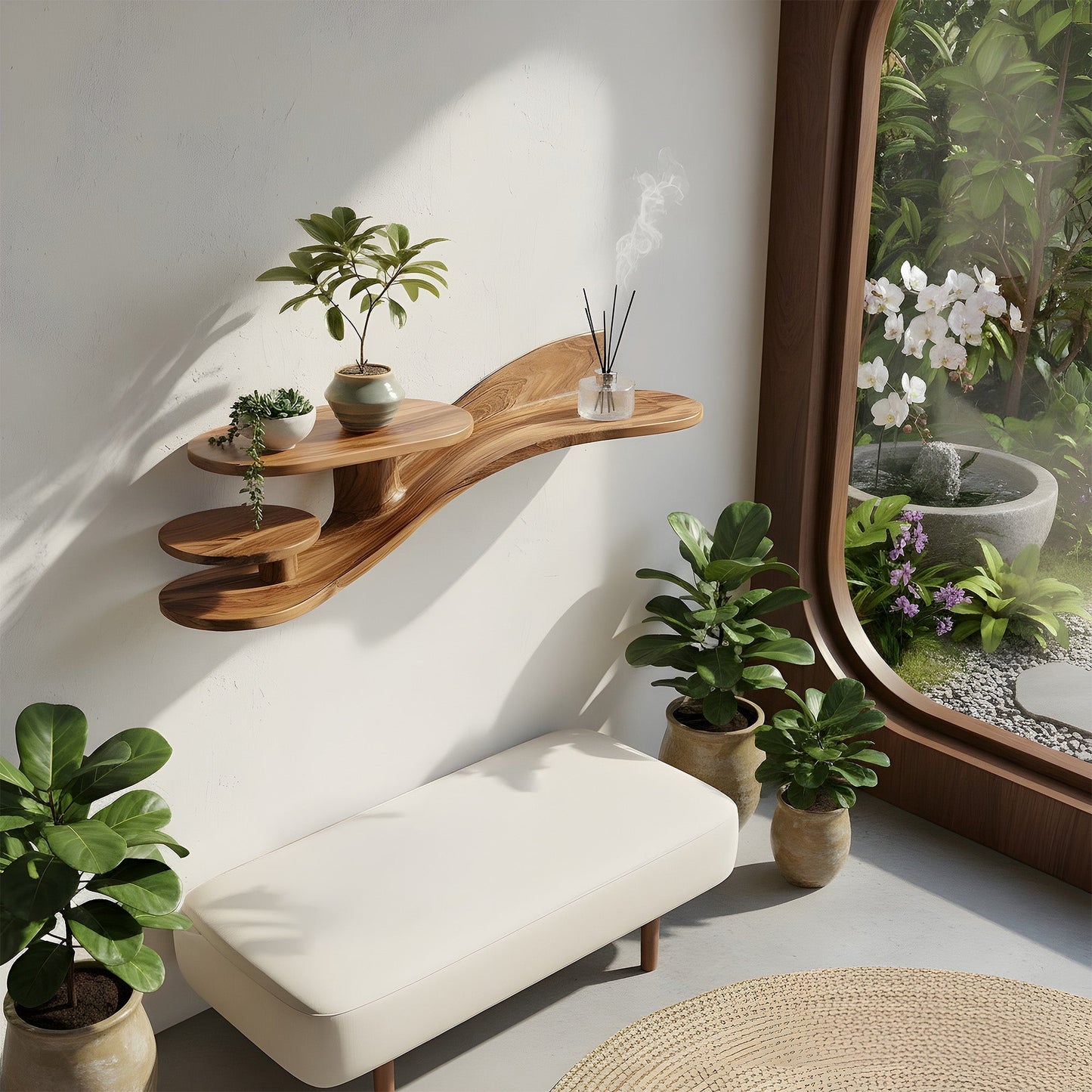 Multi-Tier Organic Floating Wall Shelf in Natural Wood