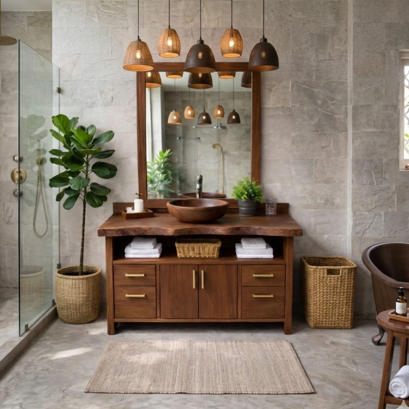 Live Edge Solid Wood Bathroom Vanity with Four Drawers, Double Cabinet Doors and Open Shelf Kitchnce