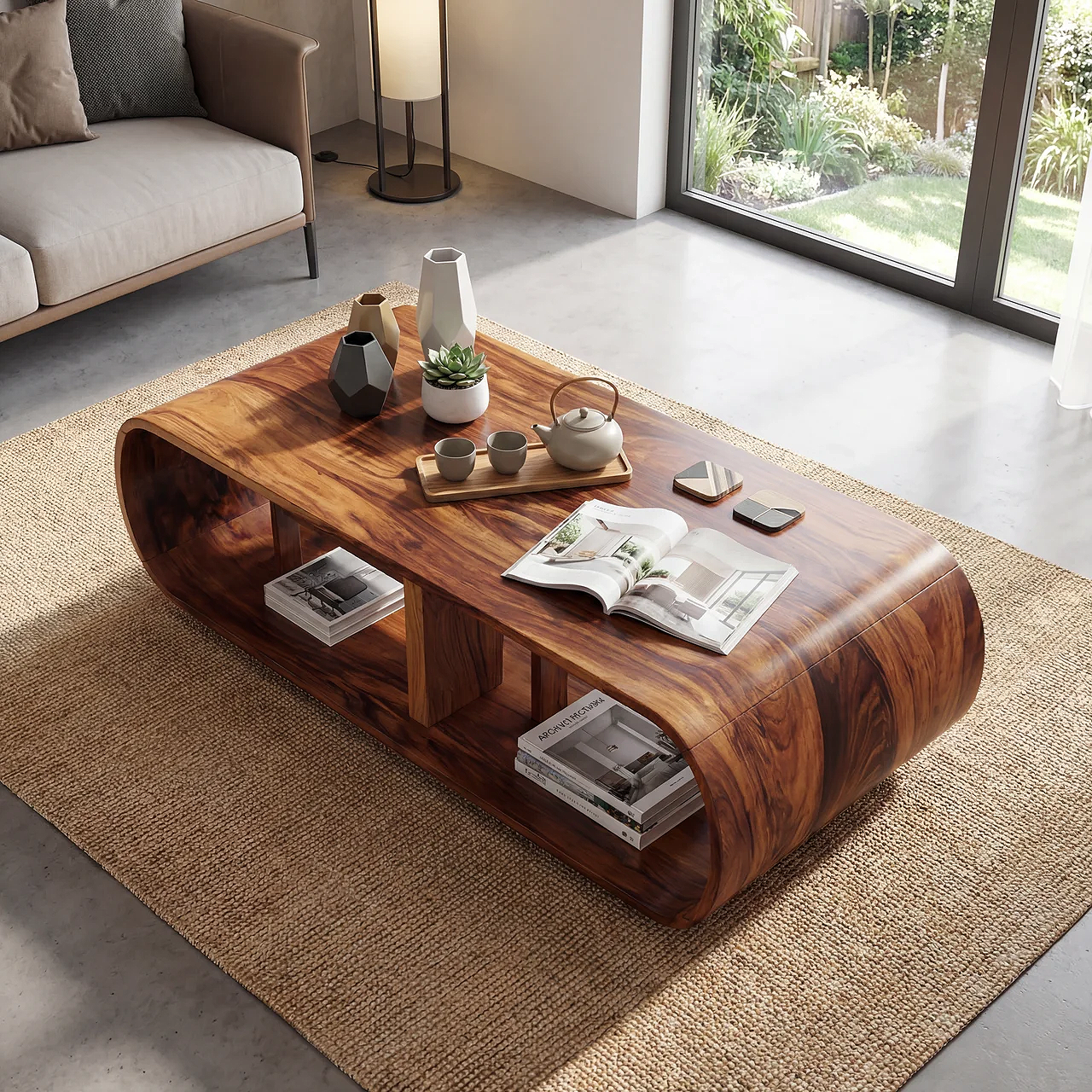 Curved Waterfall Coffee Table with Integrated Open Shelving