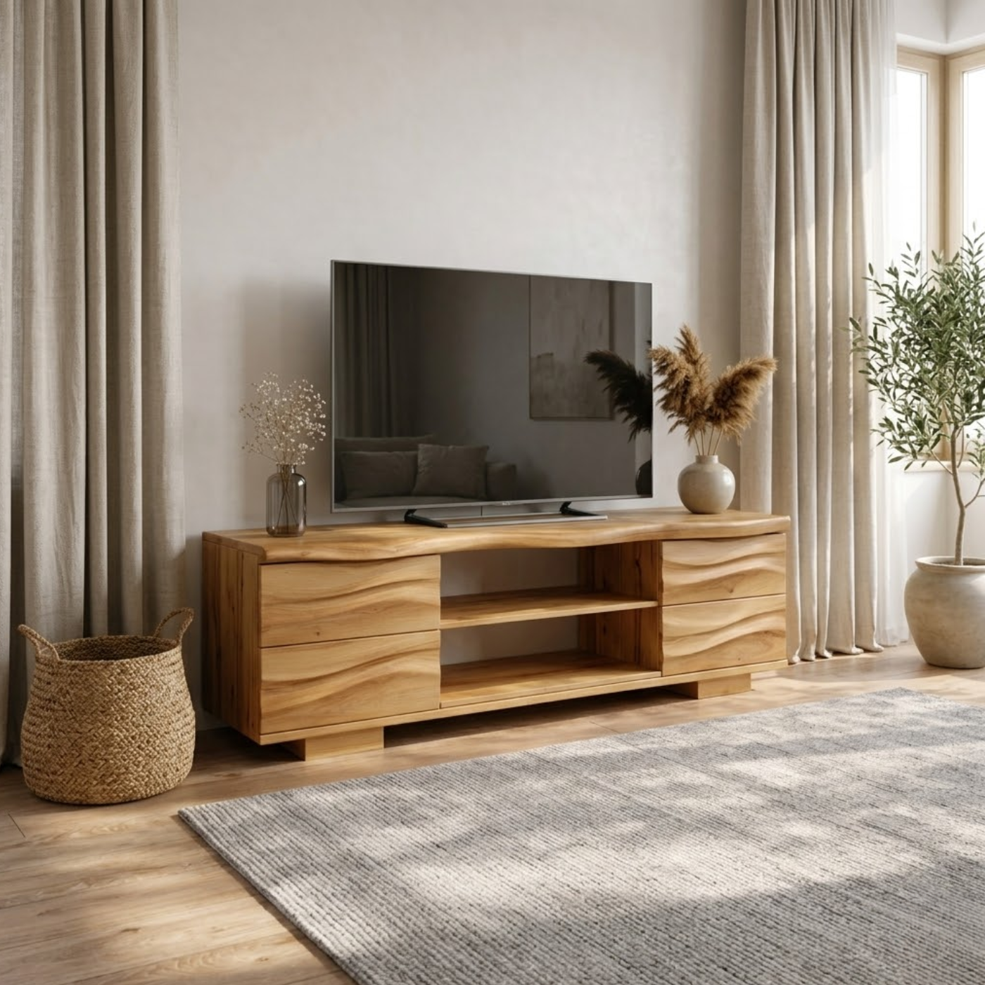 Solid Wood TV Stand with Drawers and Open Shelves for Natural Style Interiors Kitchnce