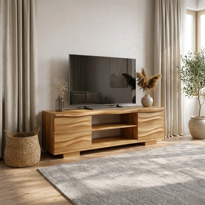 Solid Wood TV Stand with Drawers and Open Shelves for Natural Style Interiors Kitchnce