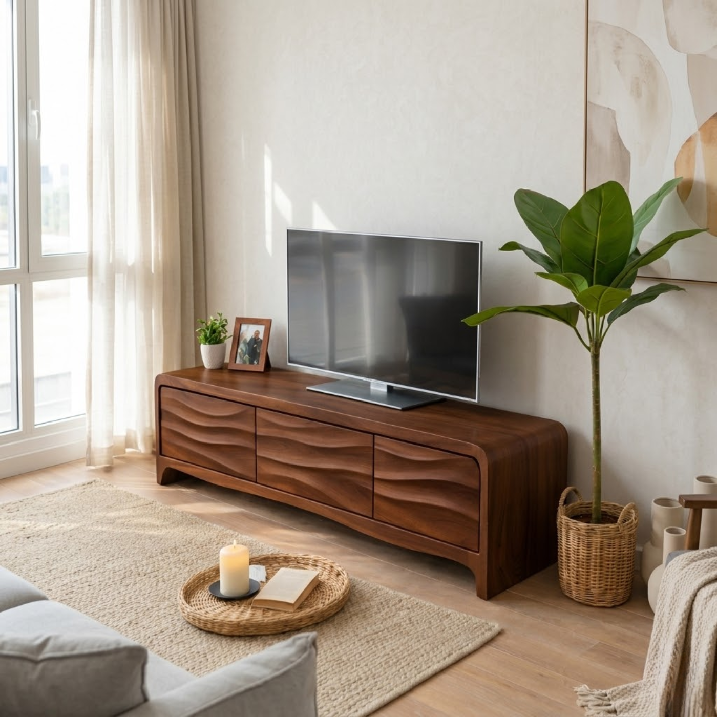 Solid Wood TV Stand with Wave Front Drawers for Modern Living Spaces Kitchnce