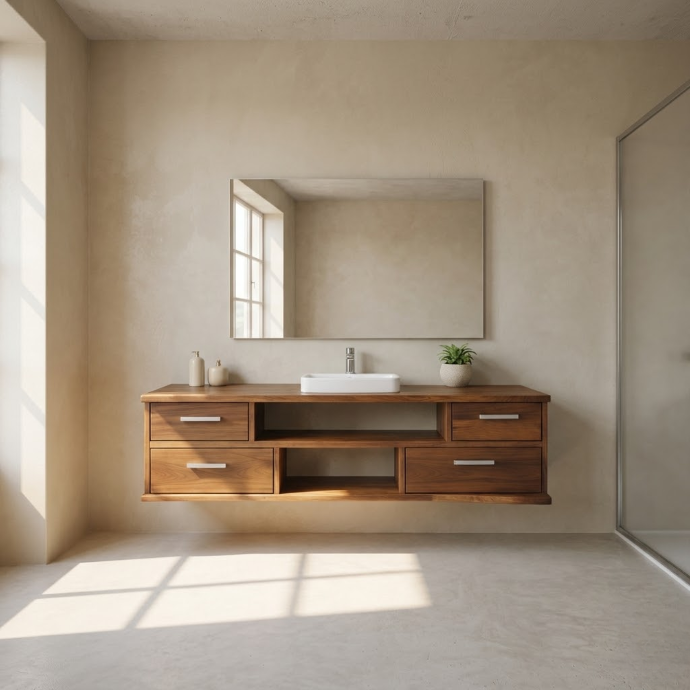 Floating Solid Wood Bathroom Vanity with Drawers and Open Shelf for Modern Bathrooms Kitchnce