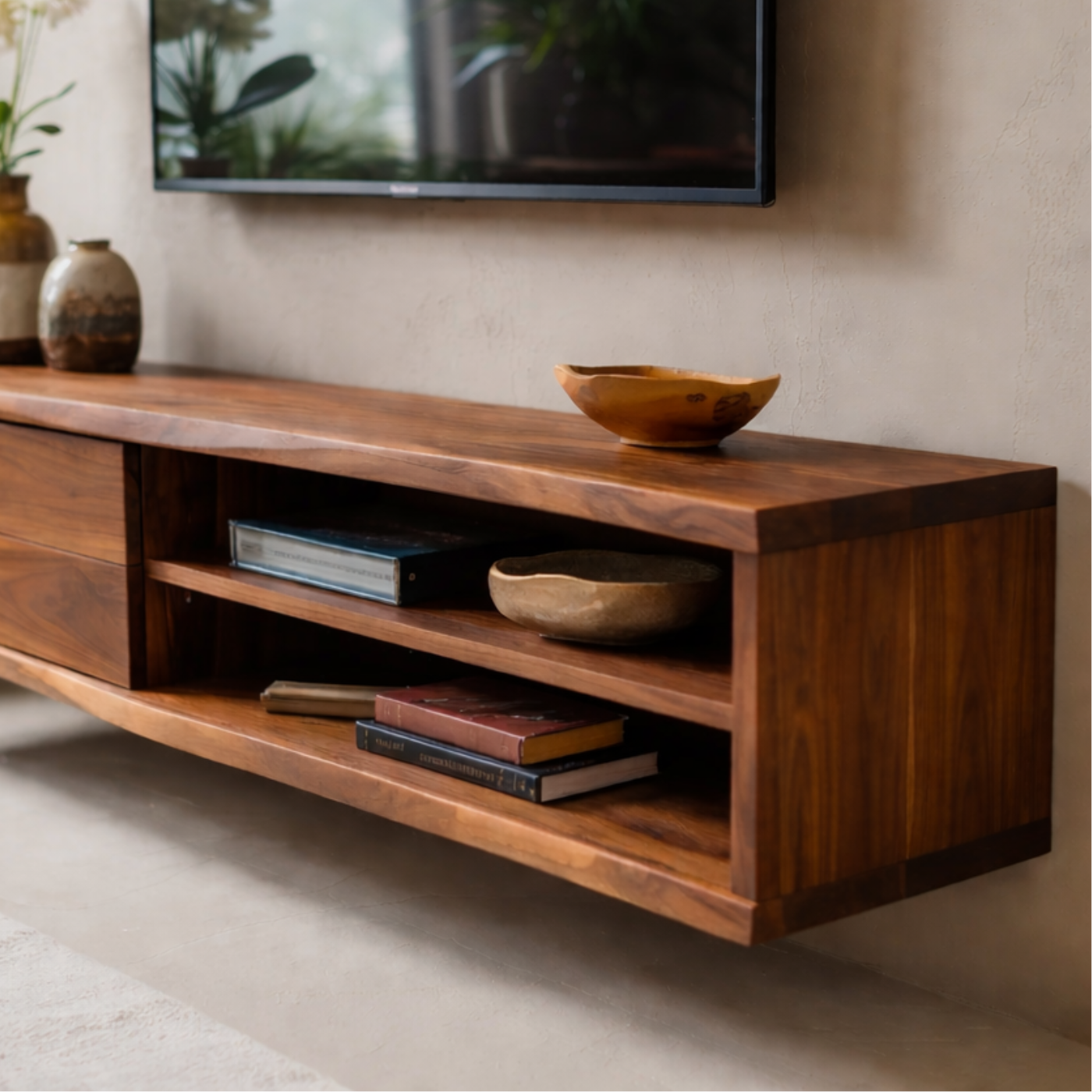 Floating Solid Wood TV Stand with Drawer and Open Shelves for Modern Living Rooms Kitchnce