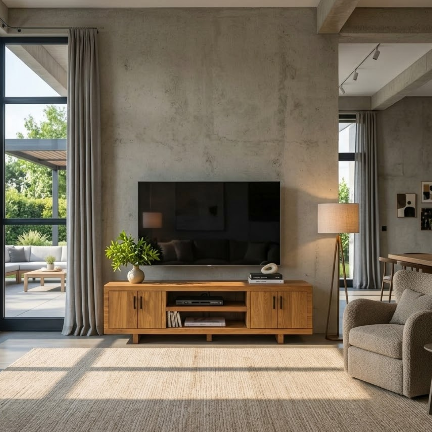 Modern Solid Wood TV Stand with Storage Cabinets and Open Media Shelf Kitchnce