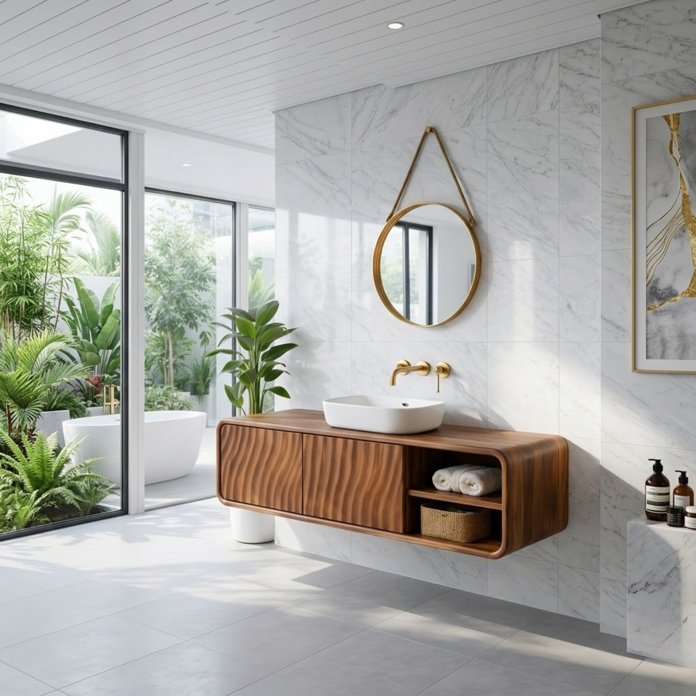Modern Floating Solid Wood Bathroom Vanity with Wave Grain Cabinet Doors Kitchnce