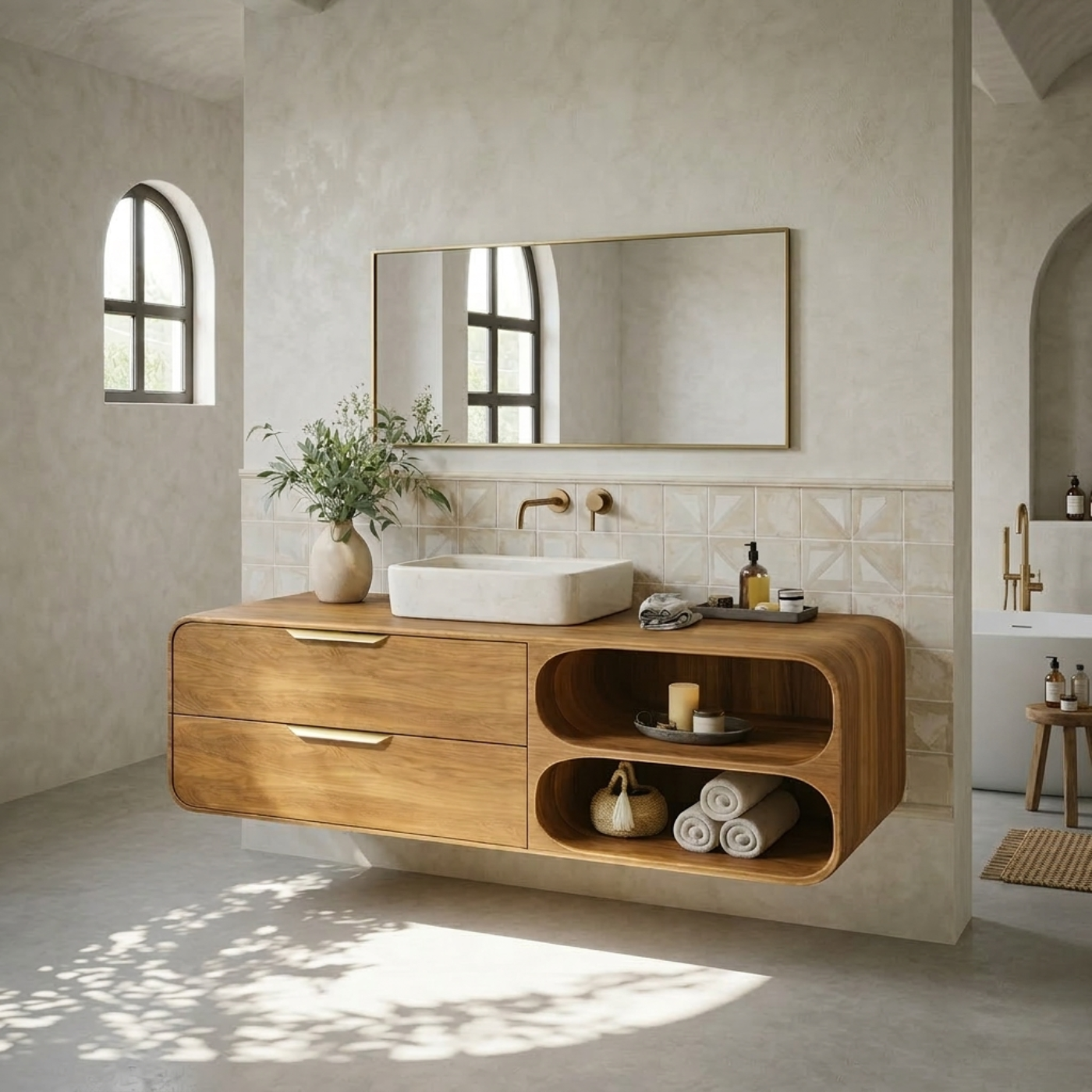 Floating Solid Wood Bathroom Vanity with Drawers and Open Curved Shelves for Modern Bathrooms Kitchnce