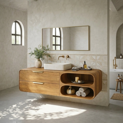 Floating Solid Wood Bathroom Vanity with Drawers and Open Curved Shelves for Modern Bathrooms Kitchnce