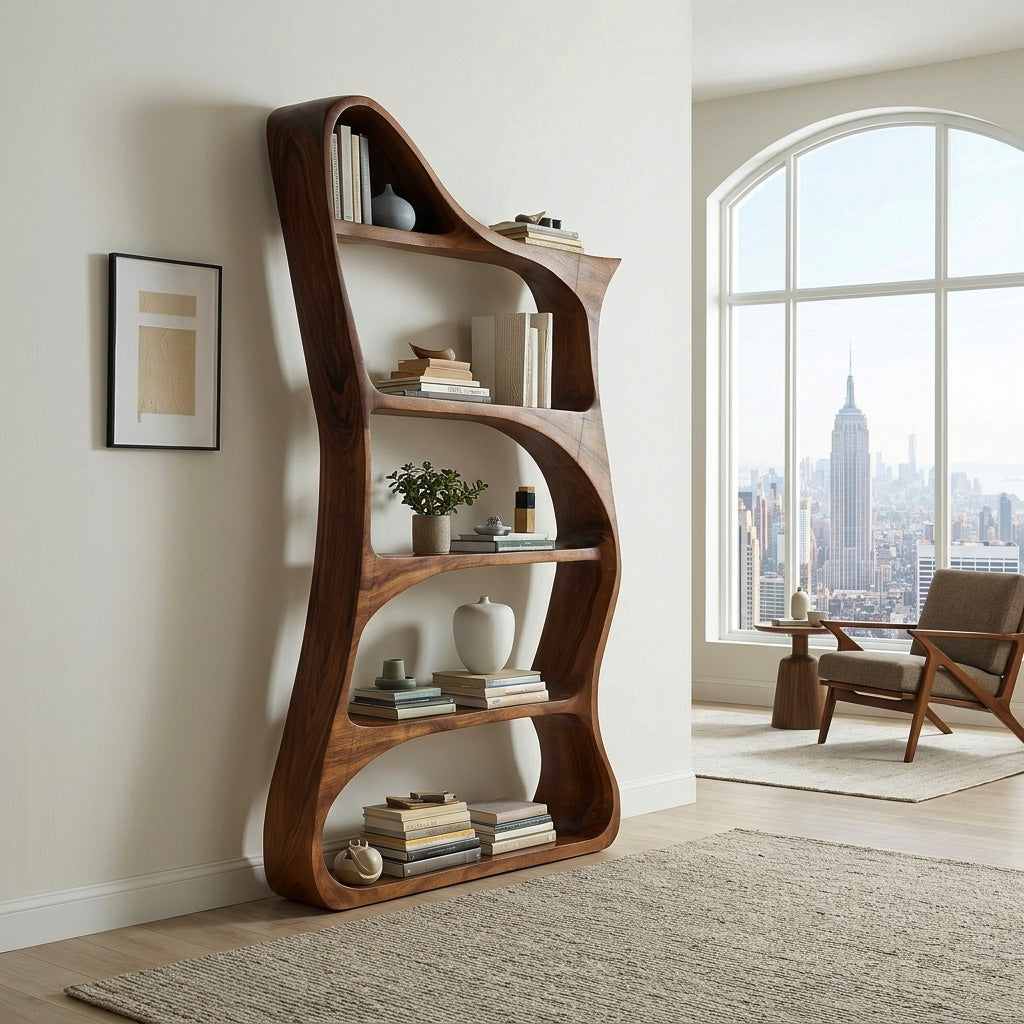 Modern Sculptural Natural Wood Bookshelf For Living Room Kitchnce