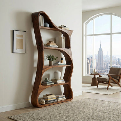 Modern Sculptural Natural Wood Bookshelf For Living Room Kitchnce