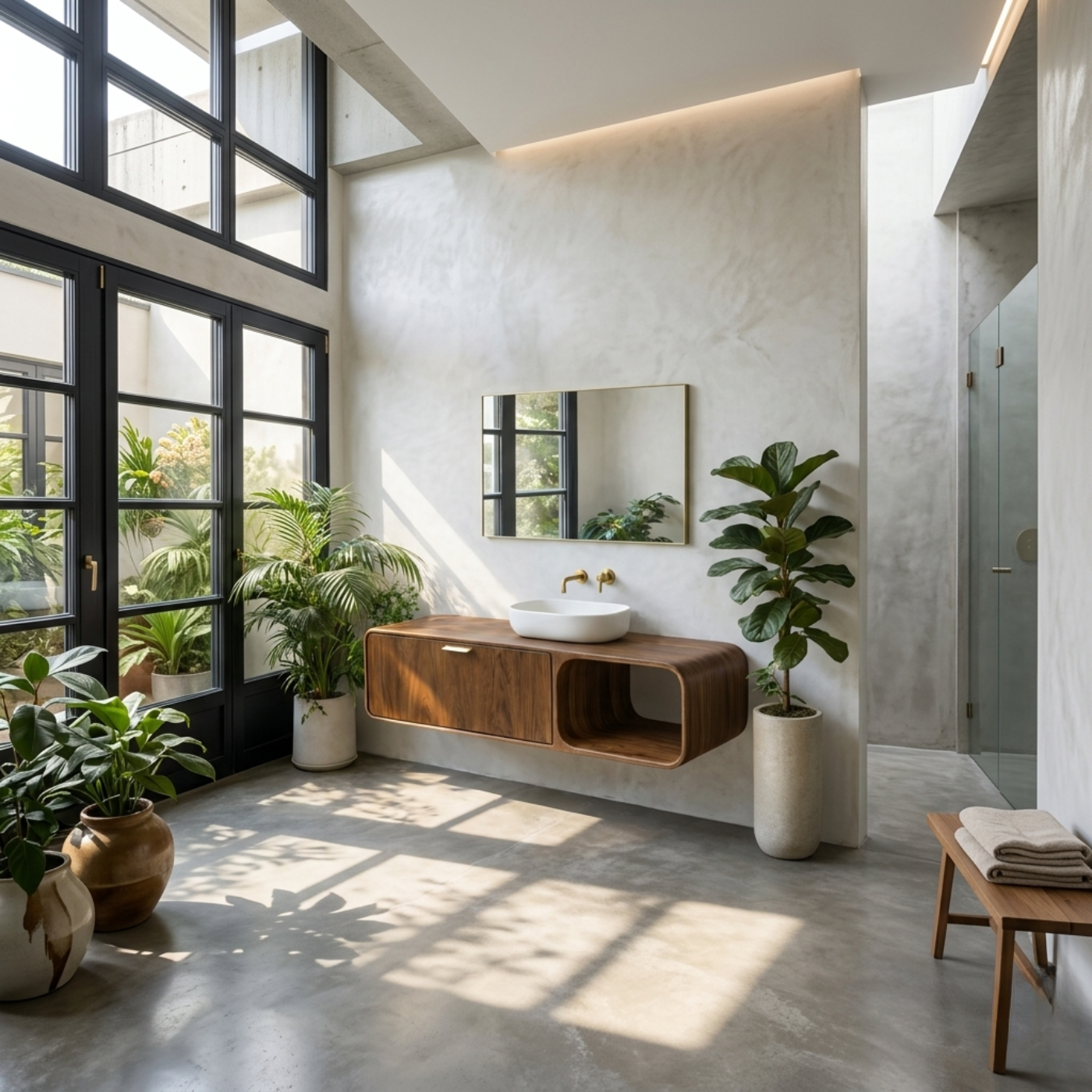 Contemporary Solid Wood Floating Bathroom Vanity with Open Side Shelf Kitchnce