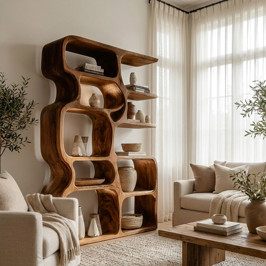 Minimalist Artistic Natural Wood Bookshelf For Living Room Kitchnce