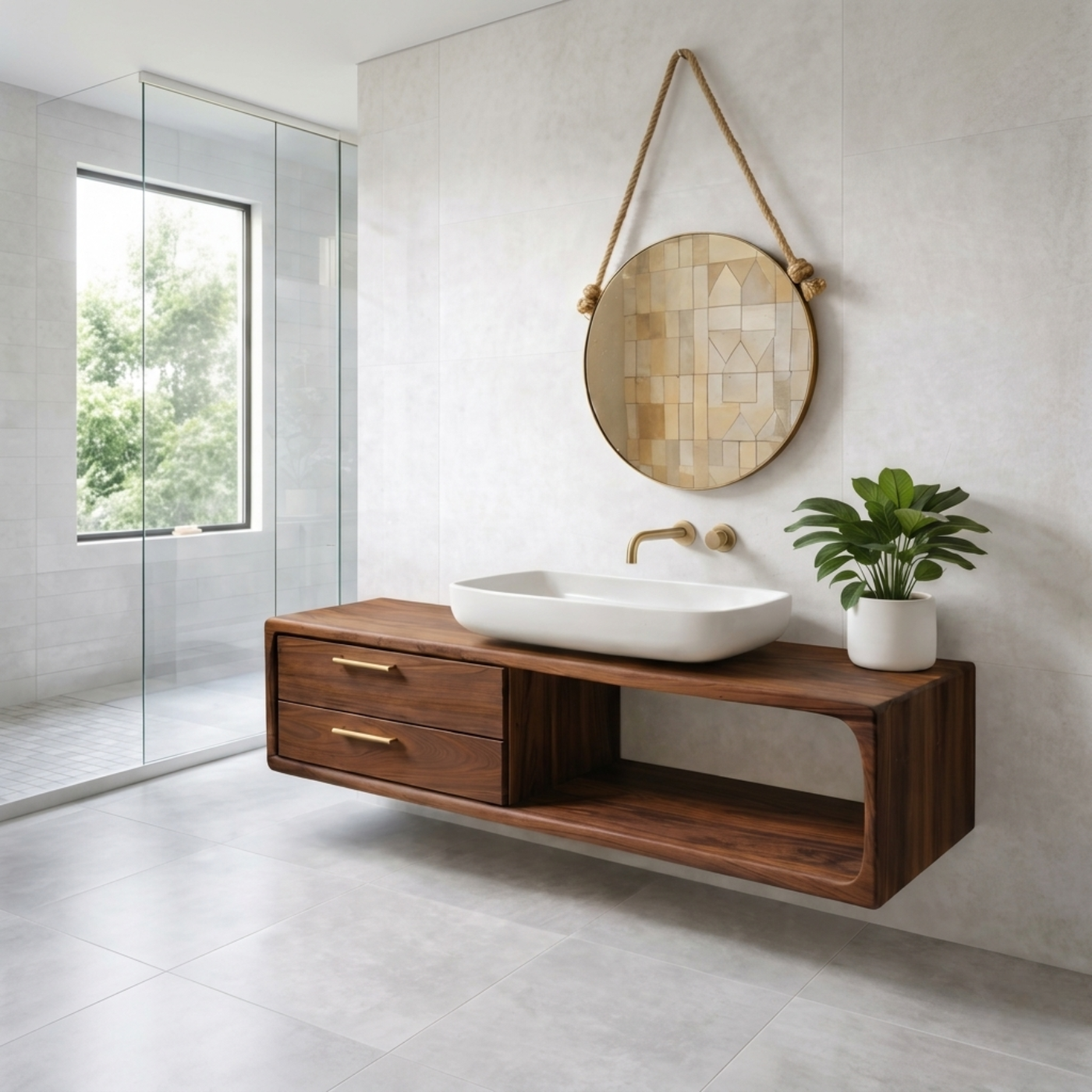 Modern Solid Wood Floating Bathroom Vanity with Double Drawers and Open Shelf Kitchnce