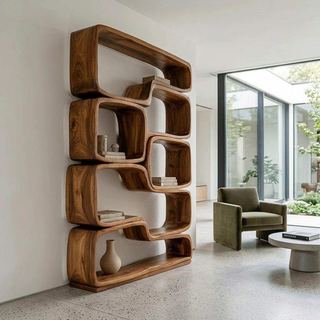 Contemporary Sculptural Natural Wood Bookshelf For Living Room Kitchnce