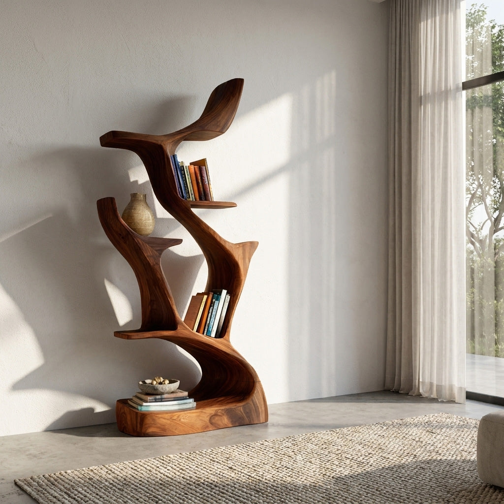 Abstract Sculptural Wooden Bookshelf For Living Room Kitchnce