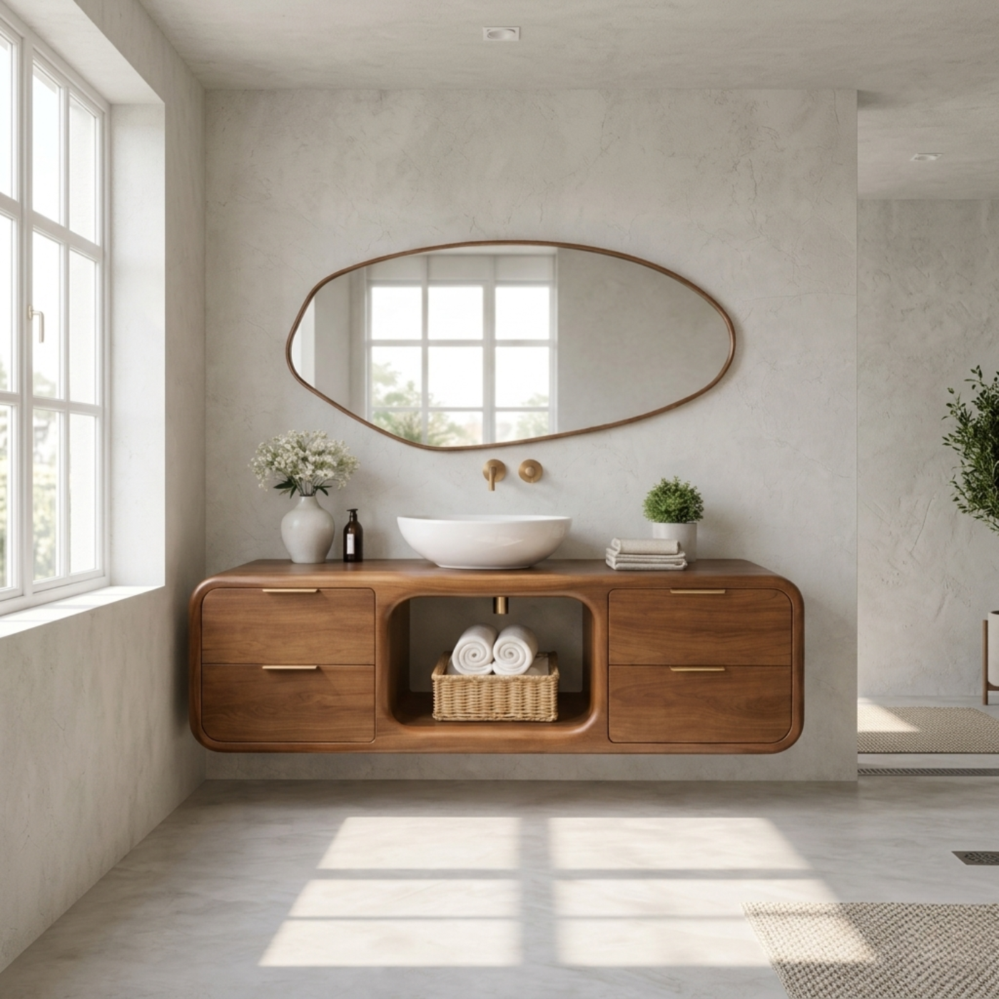 Modern Floating Solid Wood Bathroom Vanity with Open Center Shelf and Drawer Storage Kitchnce