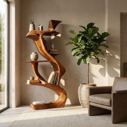 Sculptural Natural Wood Bookshelf For Living Room Kitchnce