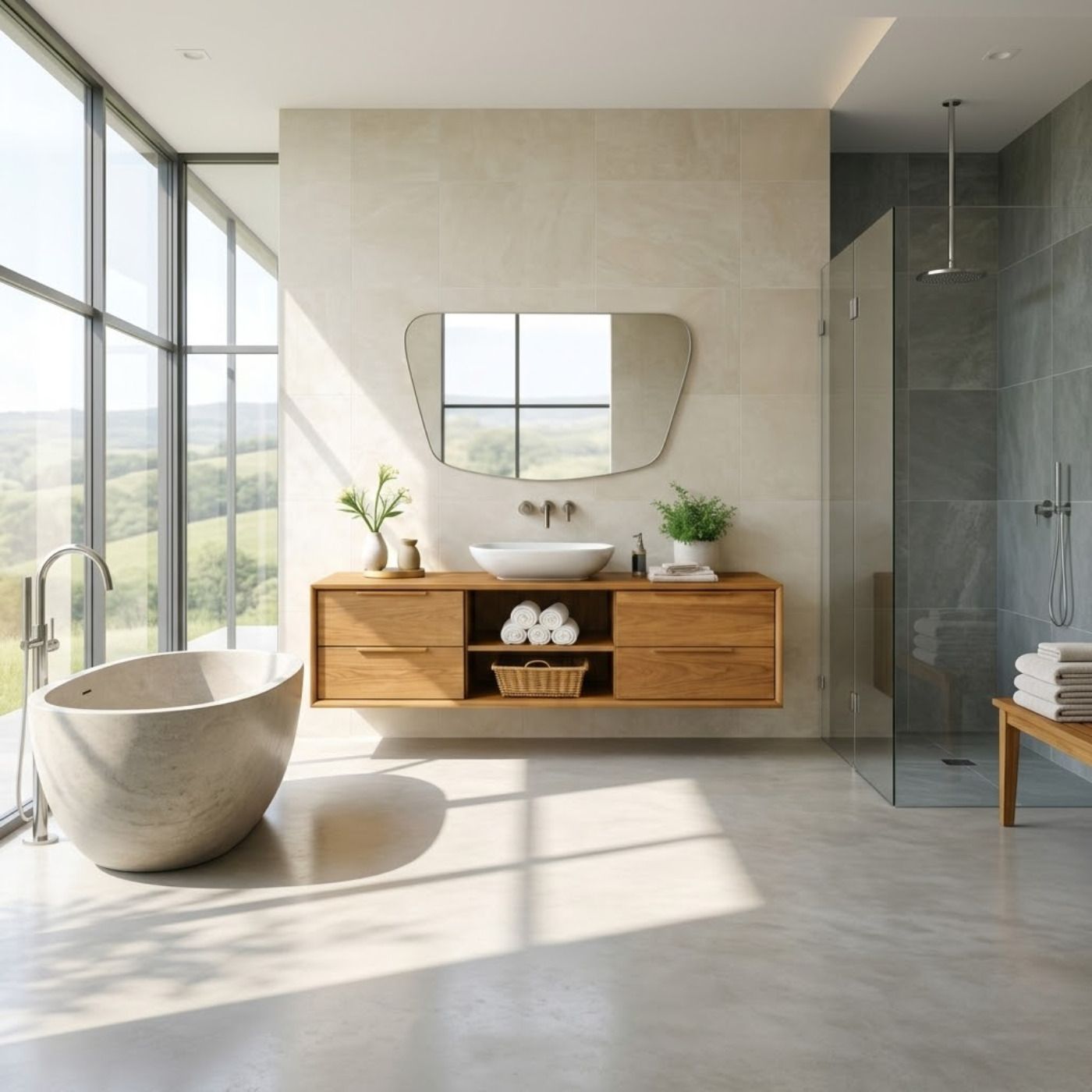 Modern Floating Oak Bathroom Vanity with Open Shelf and Double Drawer Storage Kitchnce