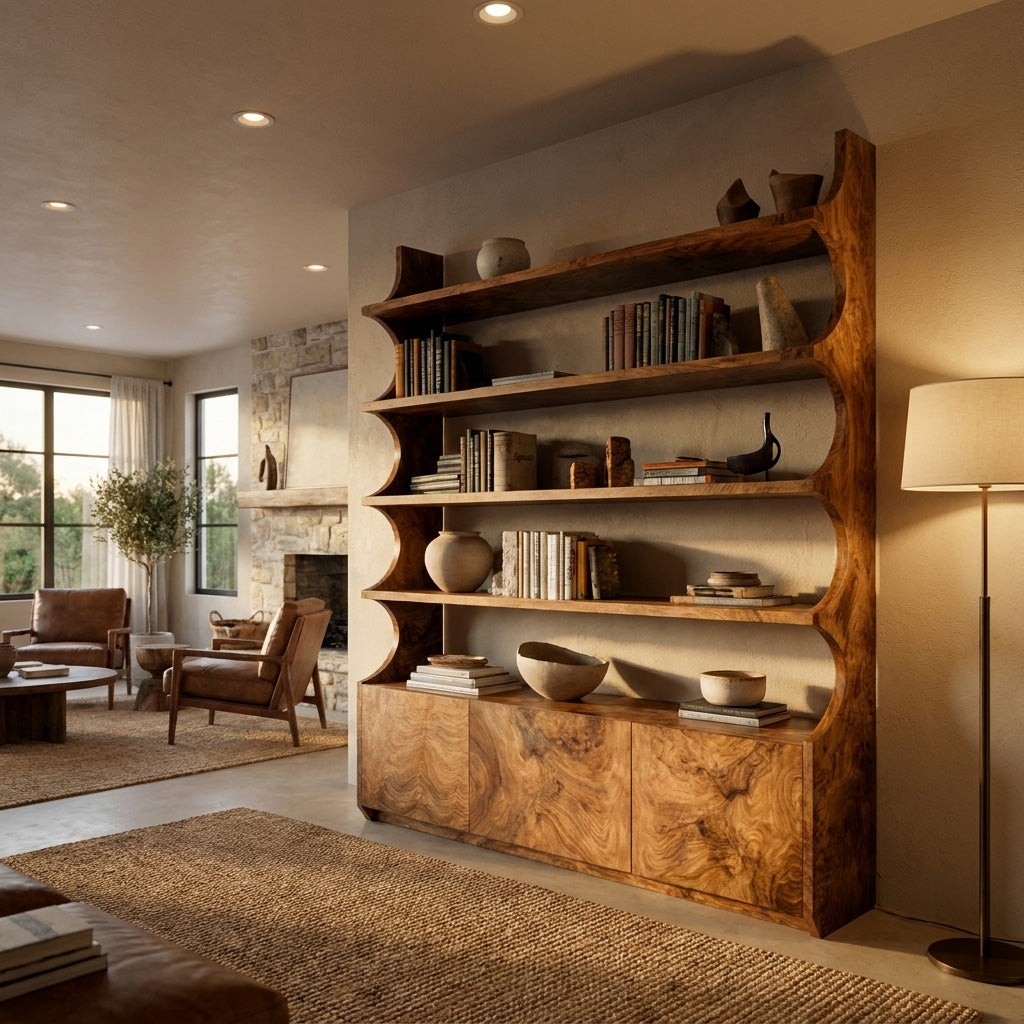 Organic Wooden Bookshelf With Curved Edges For Living Storage Kitchnce