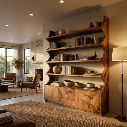 Organic Wooden Bookshelf With Curved Edges For Living Storage Kitchnce
