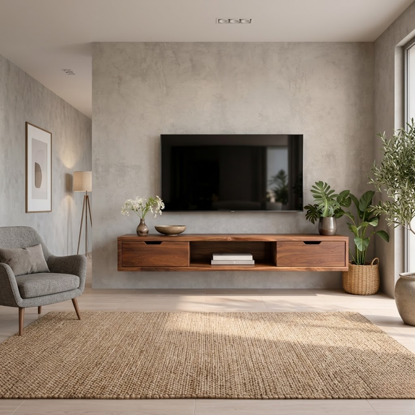 Floating Walnut Wood TV Stand with Drawers and Open Media Shelf Kitchnce