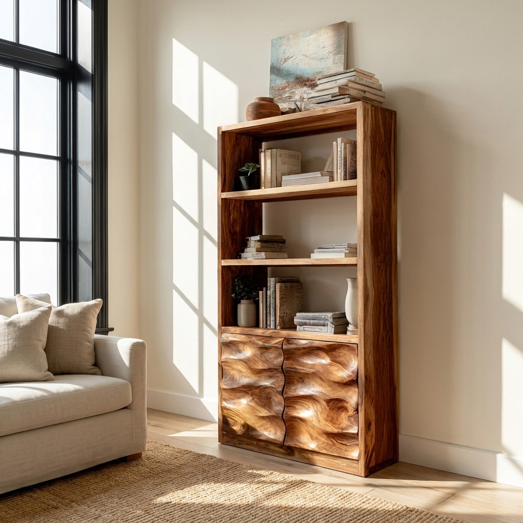 Minimal Wooden Bookshelf With Wavy Drawer Front For Home Kitchnce