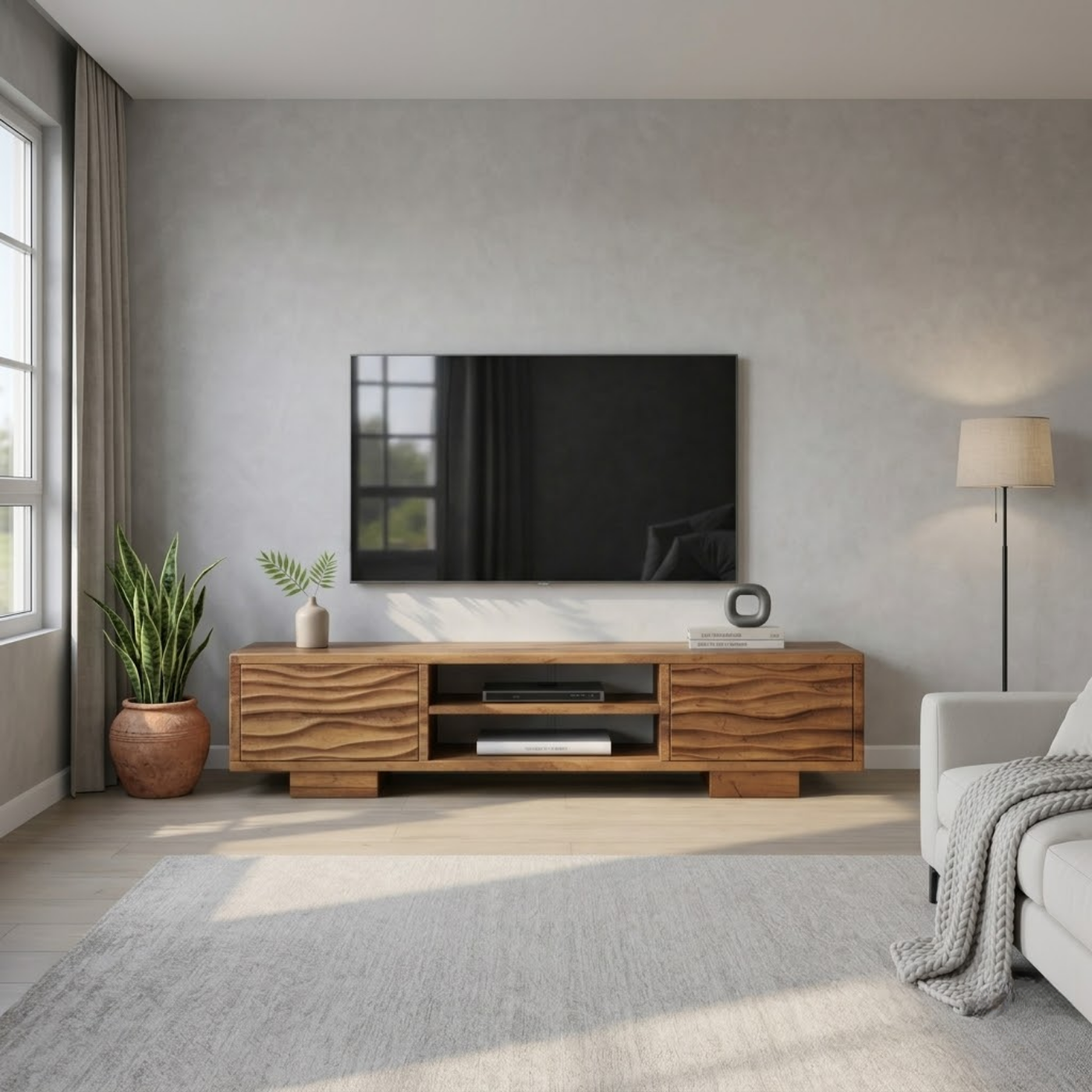 Modern Solid Wood TV Stand with Wave Front Drawers and Open Media Shelf Kitchnce