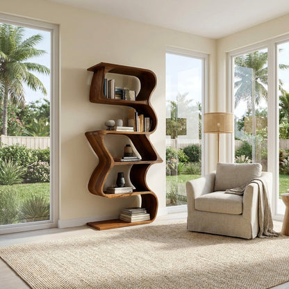 Modern Sculptural Wooden Bookshelf For Home Display Kitchnce
