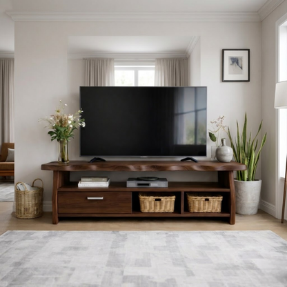 Mid-Century Solid Wood TV Stand with Drawer and Open Storage Shelves Kitchnce