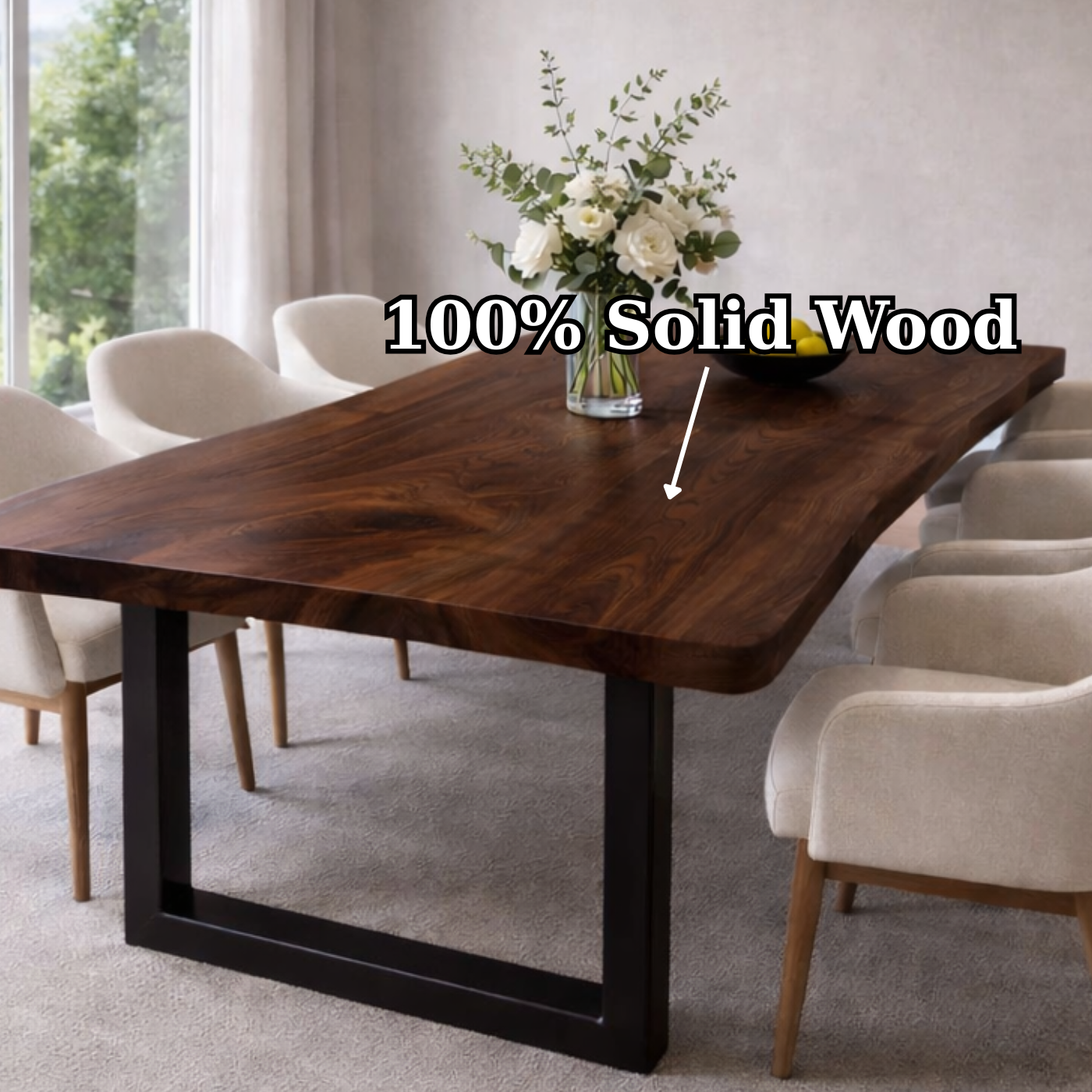 Modern Solid Wood Rectangular Dining Table with Black Steel Base