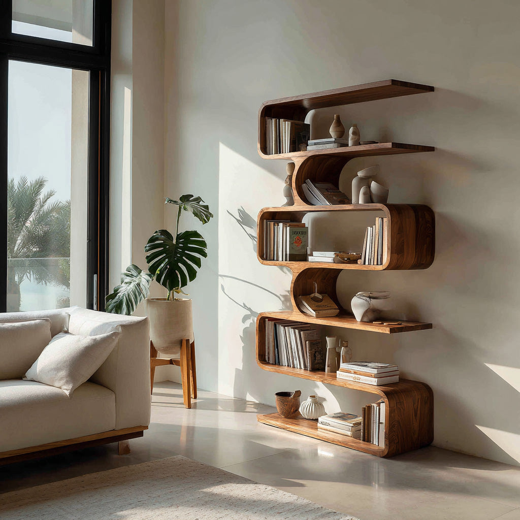 Handcrafted Wooden Bookshelf With Sculpture Edges For Living Room Kitchnce