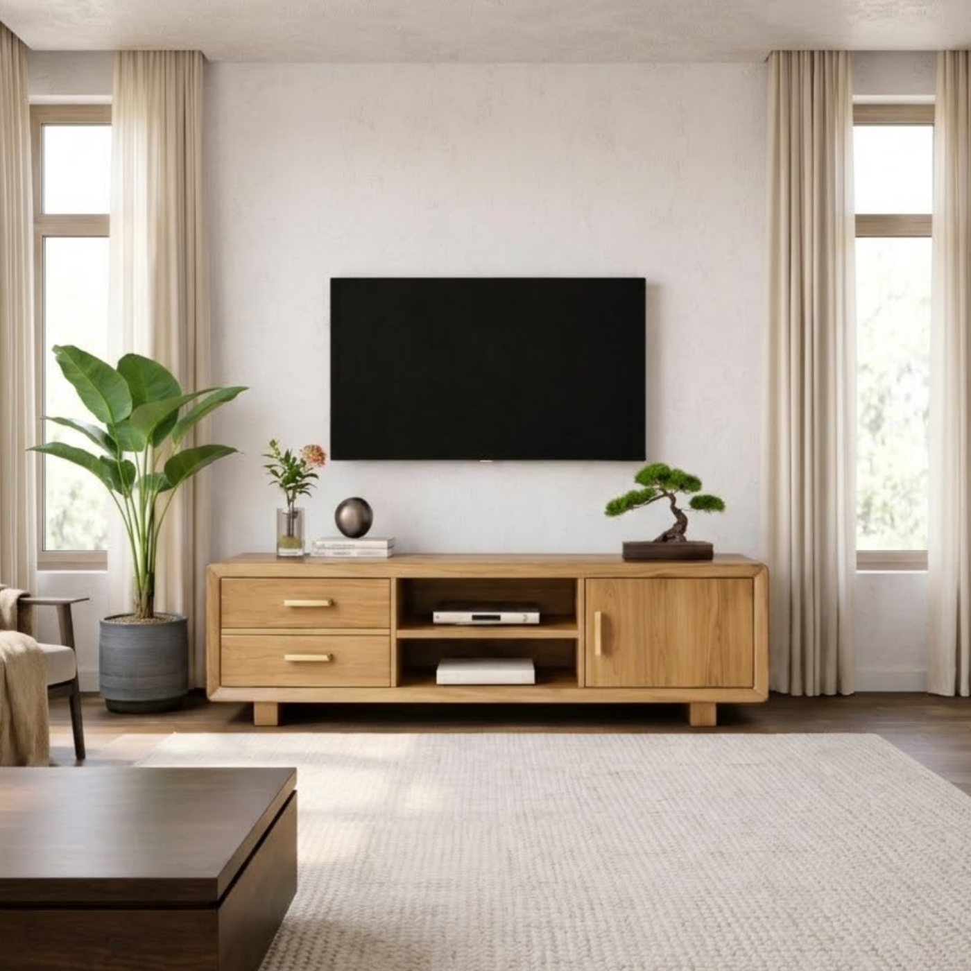 Modern Soild Wood TV Stand with Drawers, Cabinet Door, and Open Media Shelves Kitchnce