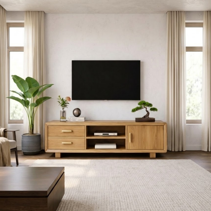 Modern Soild Wood TV Stand with Drawers, Cabinet Door, and Open Media Shelves Kitchnce