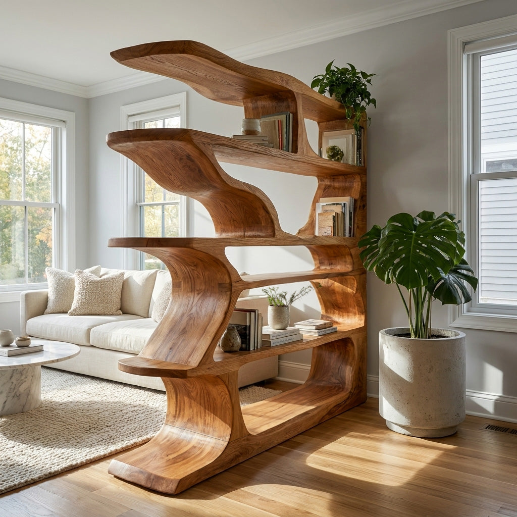 Contemporary Artistic Wooden Bookshelf For Living Room Storage Kitchnce