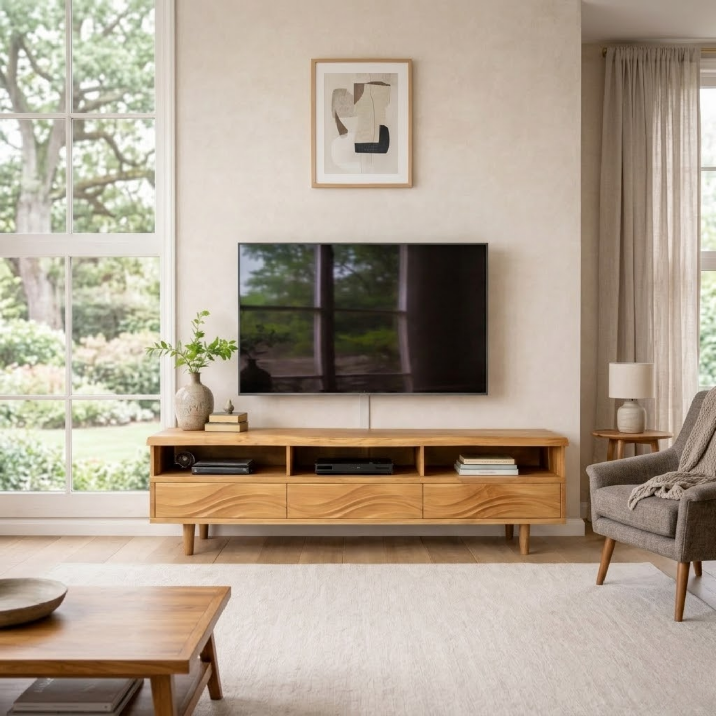 Modern Solid Wood TV Stand with Wave Drawer Fronts and Open Media Shelves Kitchnce