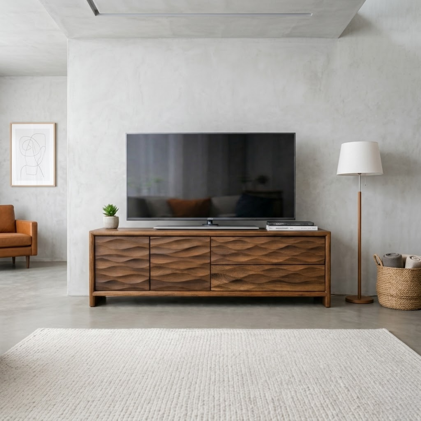 Modern Soild Wood TV Stand with Textured Wave Cabinet Doors and Storage Drawers Kitchnce