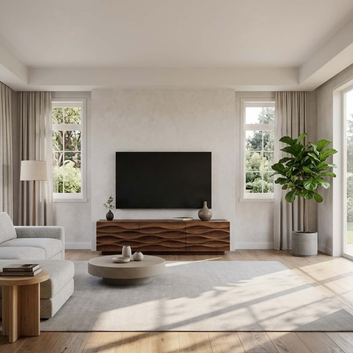 Modern Solid Wood TV Stand with Wave Front Design, Walnut Finish Media Console Cabinet Kitchnce